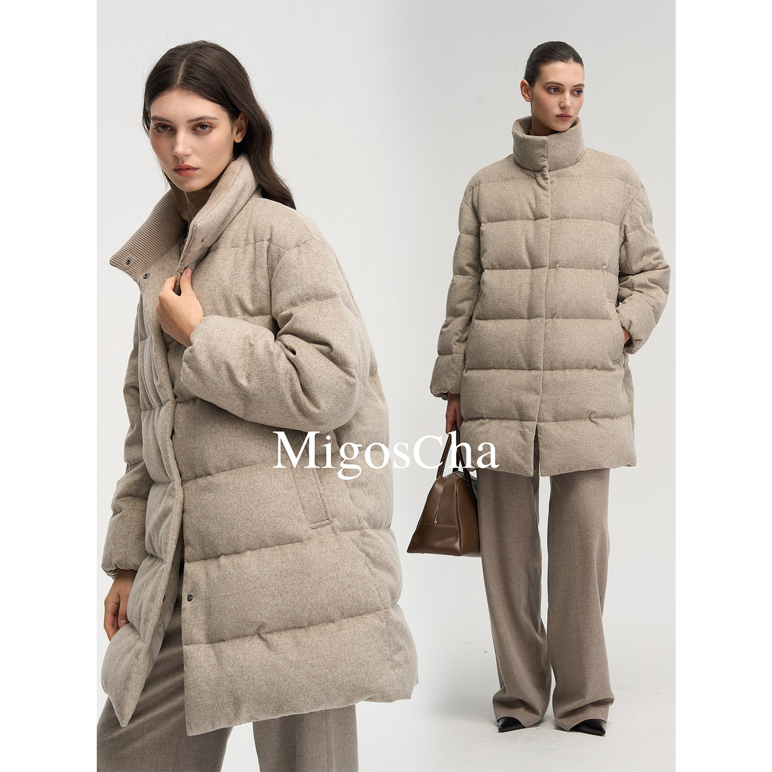 migoscha 原生100%绵羊毛无染色环保95三星鹅绒服中长款外套新款
