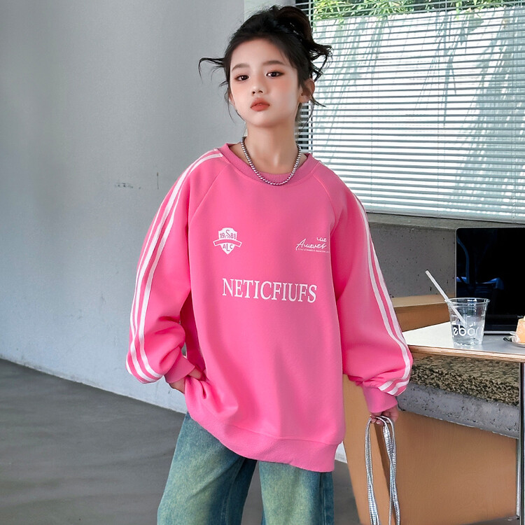女童运动卫衣秋装2025新款儿童粉红色打底衫小女孩三条杠宽松上衣
