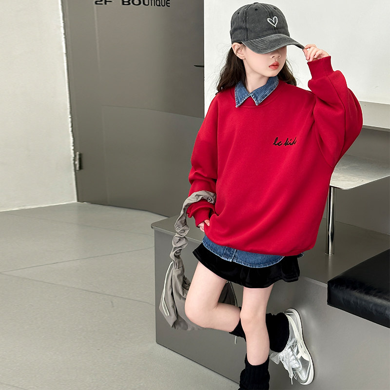 女童套装春秋装2025新款儿童本命年红色卫衣小女孩牛仔衬衫中大童