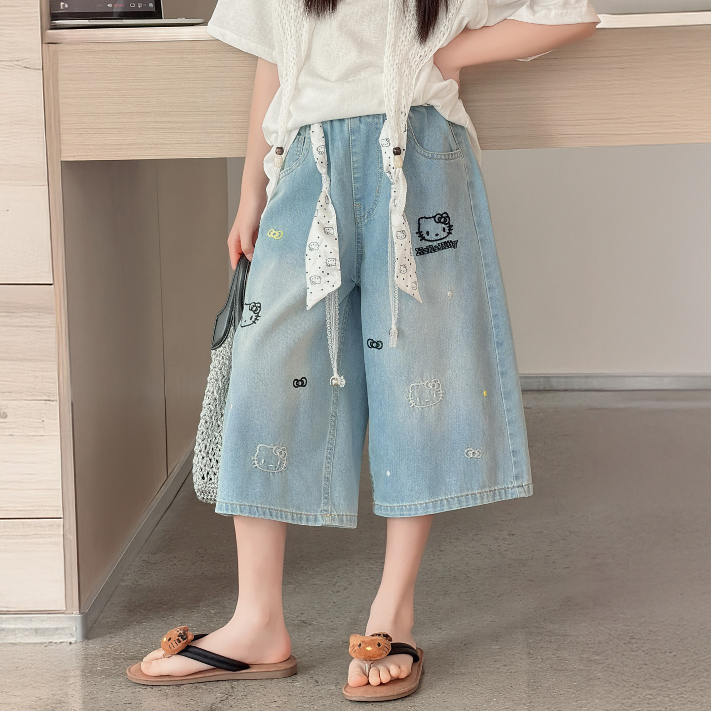 女童牛仔七分裤套装夏季薄款2026新款儿童卡通中裤小女孩大童裤子
