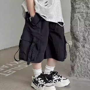 儿童宽松短裤工装裤夏季男童直筒裤小男孩长裤宝宝黑色帅气裤子潮