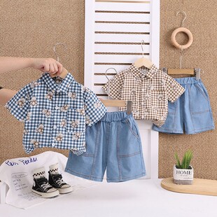 男童夏装套装2025新款儿童洋气格子熊短袖衬衫两件套宝宝休闲衣服