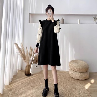 哺乳洋装秋冬外出辣妈款针织假两件毛衣裙宽松显瘦哺乳衣服秋装