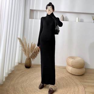 孕妇装针织洋装女秋冬新款打底内搭高领孕妇长版毛衣裙过膝长裙