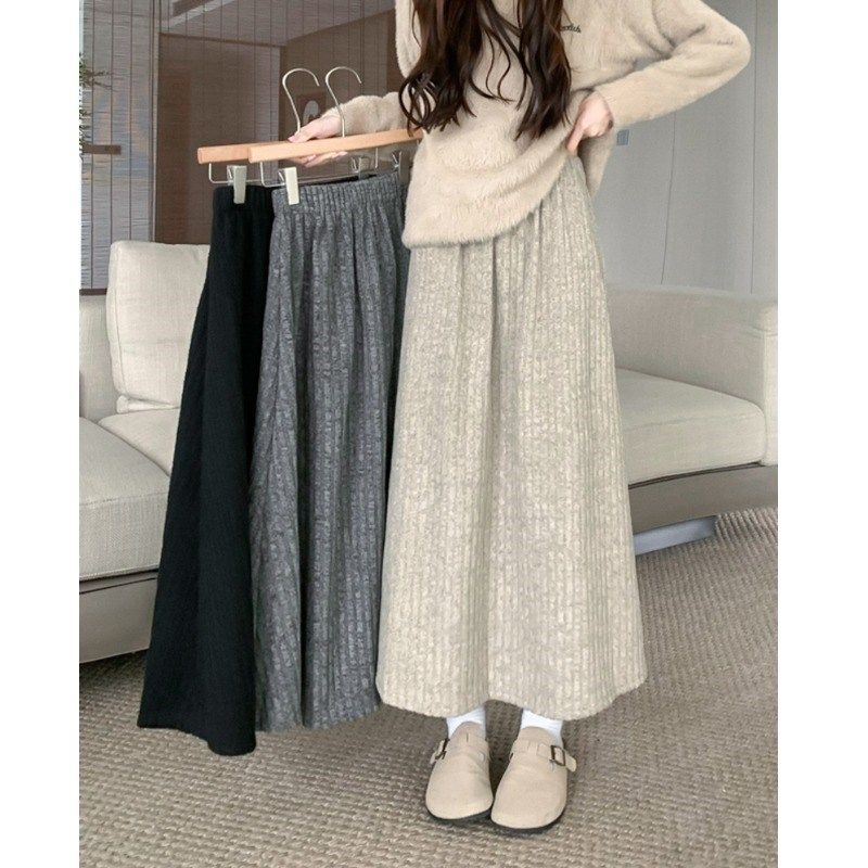小个子加绒a字半身裙女秋冬松紧腰半裙2024春季新款灰色中长裙子