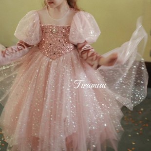 苏三岁秋冬女童公主裙儿童粉色漫天星网纱大裙摆连衣裙生日礼服