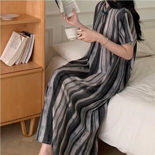 棉绸连衣裙女夏新中式国风中长款可外穿改良旗袍人造棉睡裙家居服