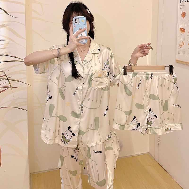 冰丝睡衣女薄款夏季可爱短袖长裤三件套学生甜美可外穿家居服套装,女士内衣/男士内衣/家居服,睡衣/家居服套装,淘宝优惠券,粉丝福利购,淘宝优惠卷