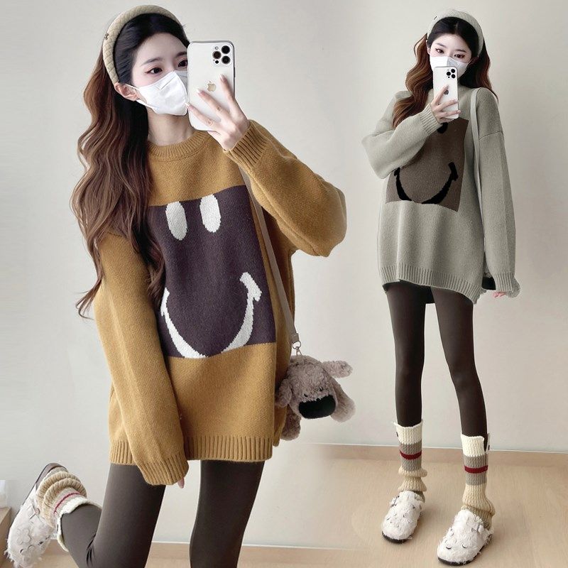 孕妇装秋冬装长袖笑脸针织衫套头毛衣秋装怀孕上衣冬装保暖打底衫