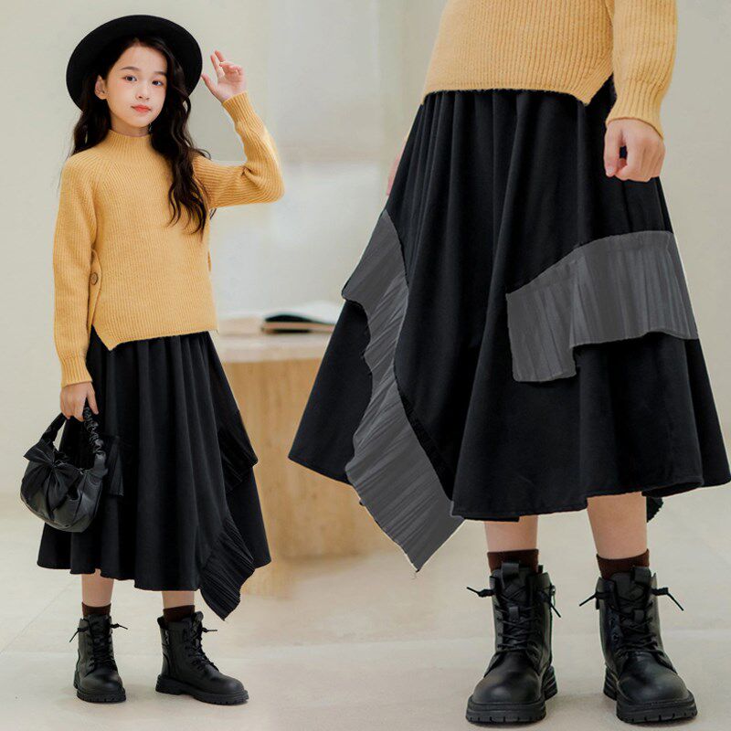 女童半身裙秋冬2024新款中长款高腰a字裙儿童丝绒不规则压褶长裙