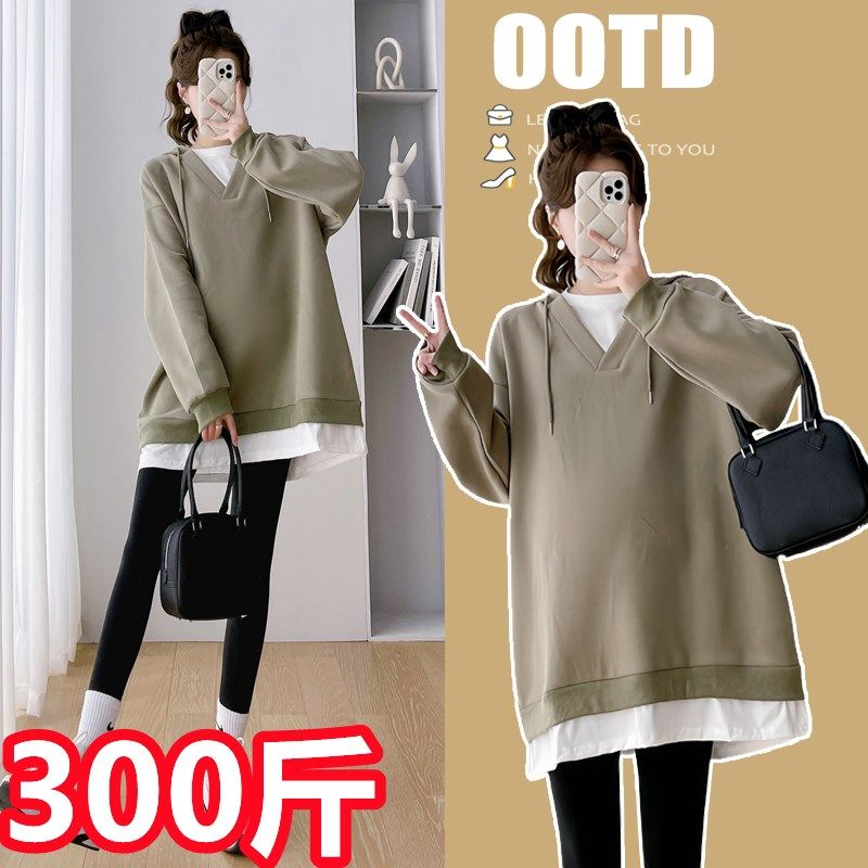 加大码孕妇装秋冬宽松韩版遮屁股中长版时尚款上衣两件套200斤潮