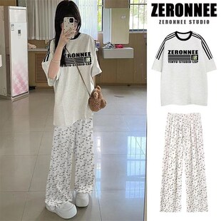 学院风套装女学生短袖T恤宽松小个子休闲印花冰丝垂感直筒裤装潮