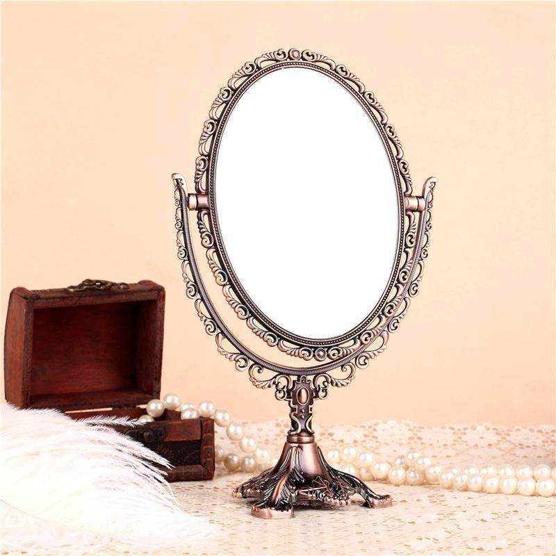 欧式田园公主可爱复古铜色椭圆梳妆镜台式化妆镜双面高清中号镜子