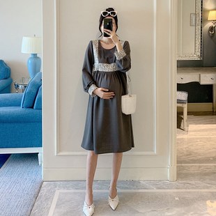 孕妇装碎花连衣裙时尚圆领中长款韩版韩版长袖雪纺孕期裙子