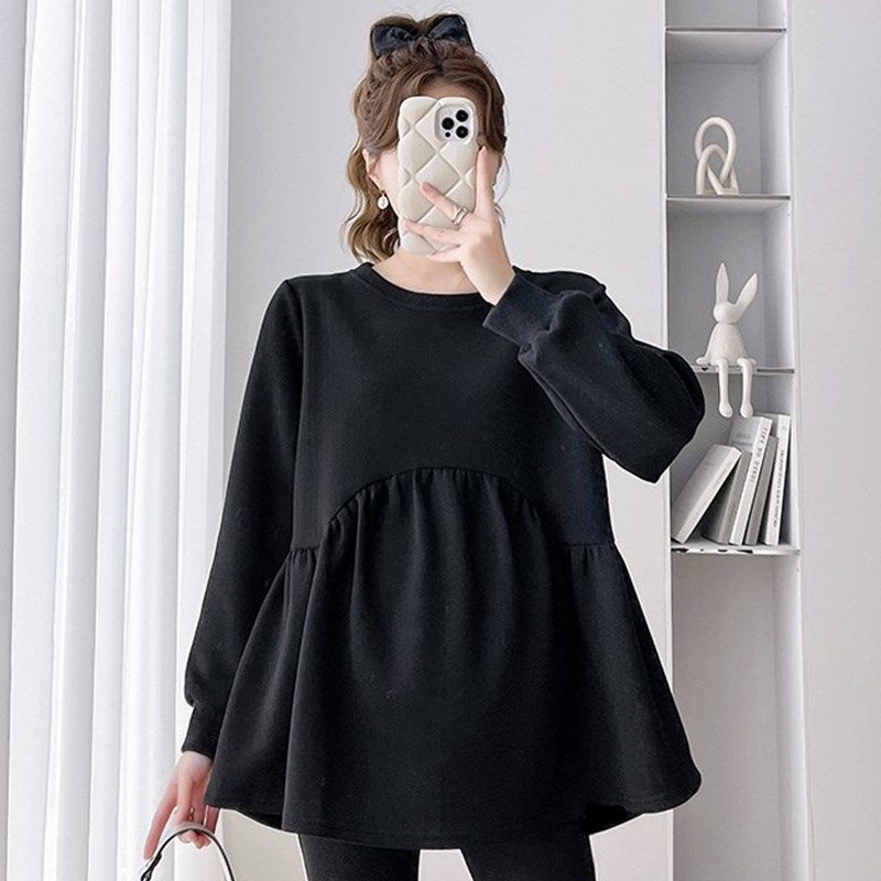 孕妇装秋装简约百搭长袖上衣冬装加绒保暖卫衣秋冬装怀孕打底衫冬