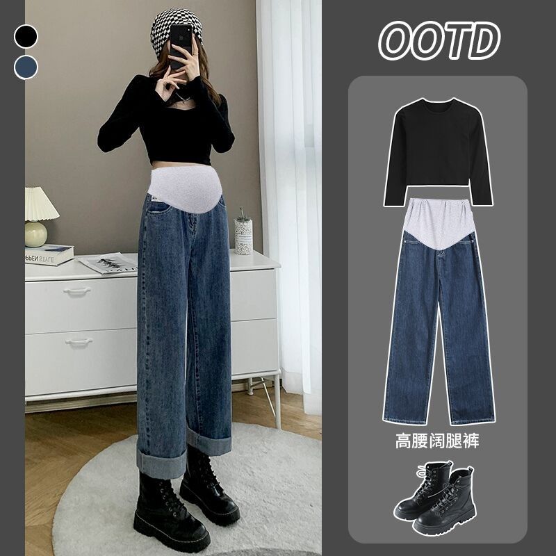 孕妇裤子秋冬新款外穿小个子打底牛仔裤春秋款大码直筒阔腿裤春装