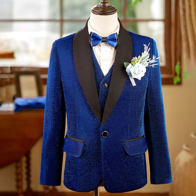 亮片儿童西服套装男童晚会主持人蓝色正装青少年生日走秀演出服装