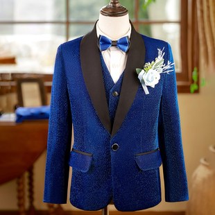 亮片儿童西服套装男童晚会主持人蓝色正装青少年生日走秀演出服装