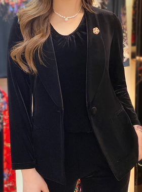 妈妈时尚外套高贵开衫大码老太太黑色丝绒一粒扣西装中老年女装秋