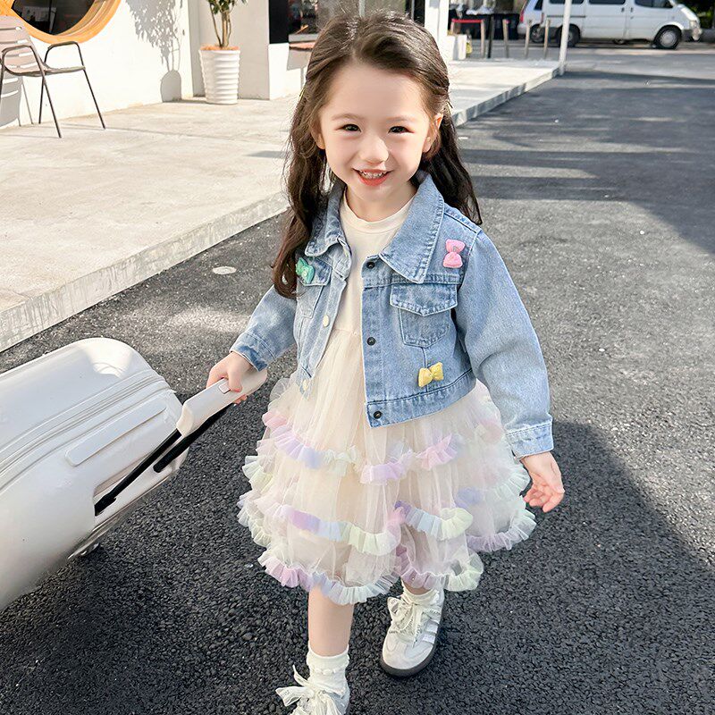 女童春装套装女宝宝春款时髦牛仔外套网纱裙子儿童春季甜美连衣裙