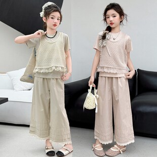 女童夏季套装2025新款夏装三件套女孩纯棉Tt恤马甲休闲裤子儿童装