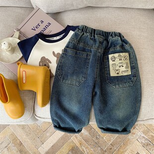 儿童复古牛仔裤男童春秋新款小童直筒长裤子贴标宝宝休闲裤女洋气
