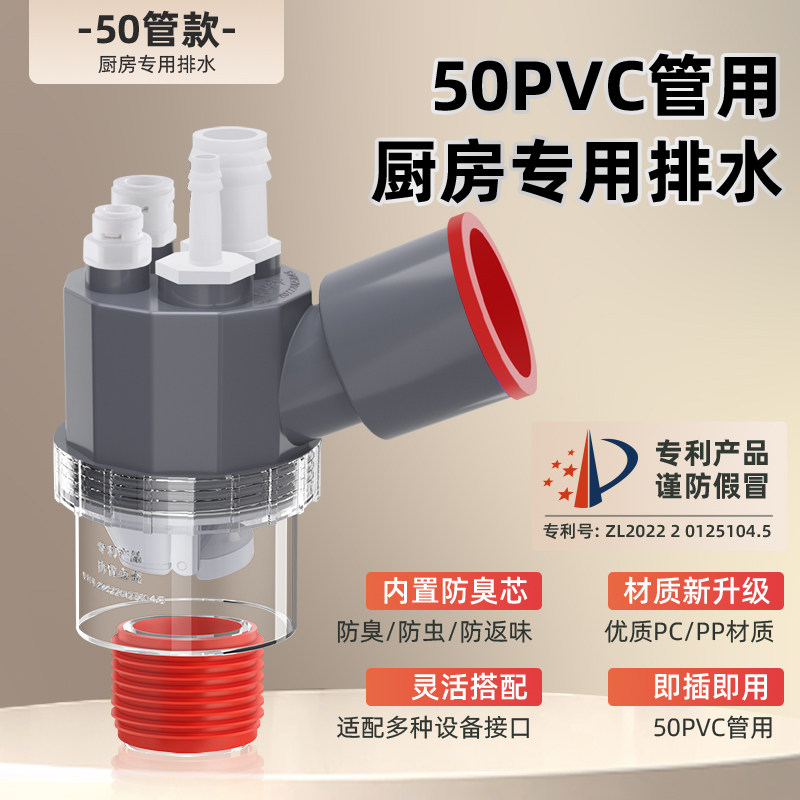 厨房防臭三通50排水管塞洗菜盆水槽洗碗机净水器下水管防返臭神器,家装主材,其它卫浴配件,淘宝优惠券,粉丝福利购,淘宝优惠卷