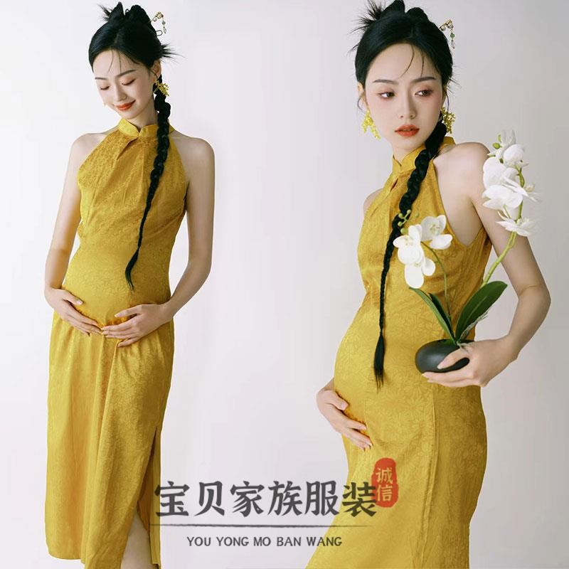 新中式晨袍旗f袍中国风黄色无袖复古改良连衣裙影楼孕妇气质摄影