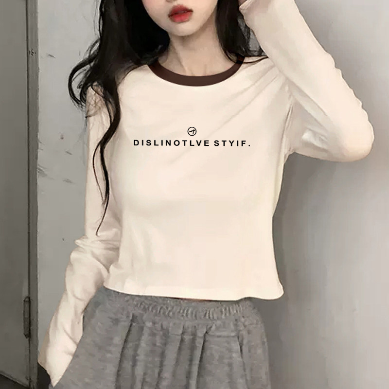 秋季小个子气质法式短款洋气卡腰上衣女白色纯棉长袖t恤2023新款