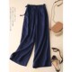松紧腰亚麻宽松九分裤 藏蓝色棉麻阔腿h裤 高腰休闲女裤 新款 女夏季