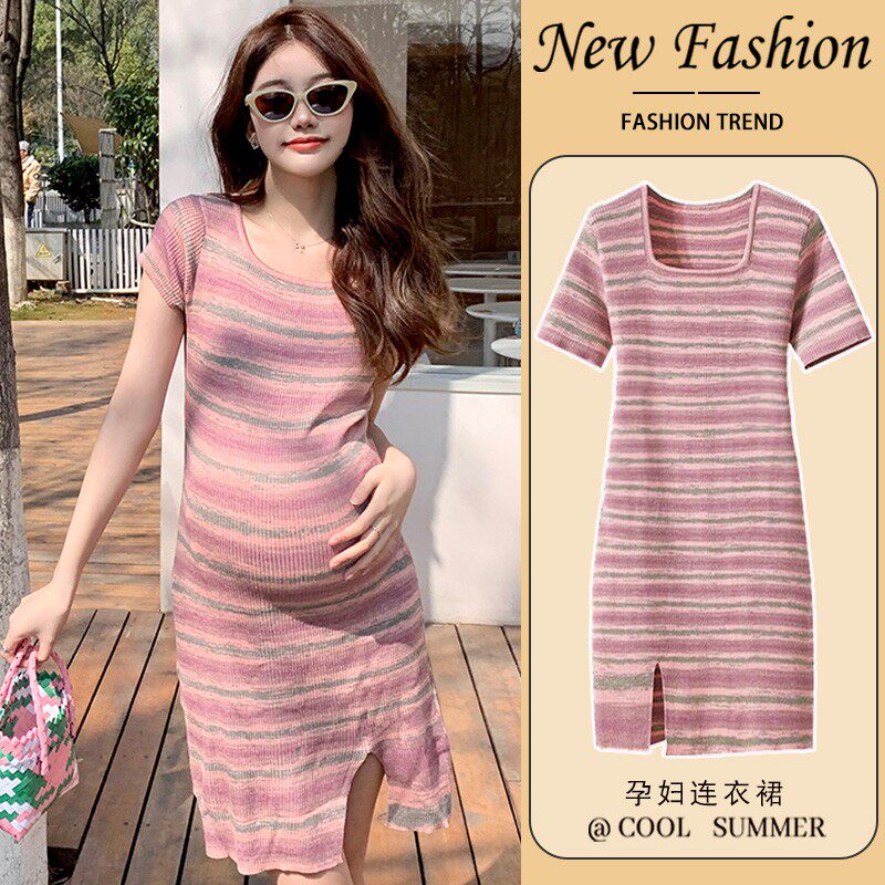 孕妇夏装连衣裙上衣夏款2023新款小个子大码修身彩色条纹裙子夏季