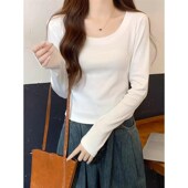 内搭纯棉U领长L袖 修身 T恤显瘦百搭低领上衣 女春秋新款 白色打底衫