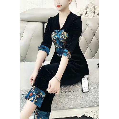 国风丝绒套装女2024春新款大码显瘦中式盘扣七分袖上衣裤子两件套