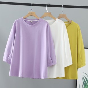 七分袖 纯色大码 甜辣圆领女T恤200斤微胖宽松上衣 藏肉时尚 胖mm夏装