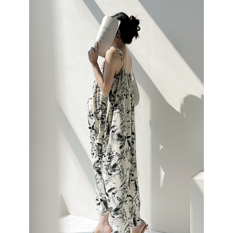 孕妇装春装大码连衣裙V领吊带裙B长款宽松显瘦水墨印染雪纺长裙女