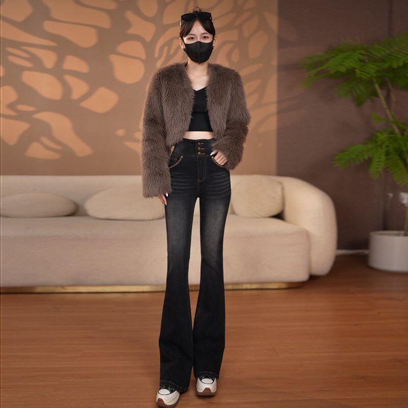 美式四面弹力黑色高腰微喇牛仔裤女秋冬新款修身显瘦加长拖地裤