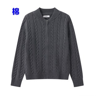 100%纯棉针织毛衣外套女宽松麻花棒球服高端加厚短款 全棉 秋冬线衫