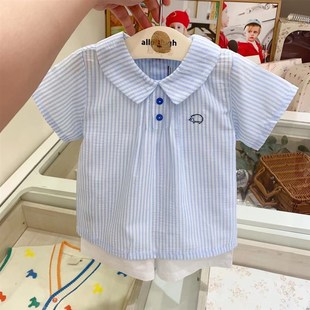 24夏新款 绅士套装 男童宝翻领蓝色条纹短袖 白色短裤 衬衣 韩国童装