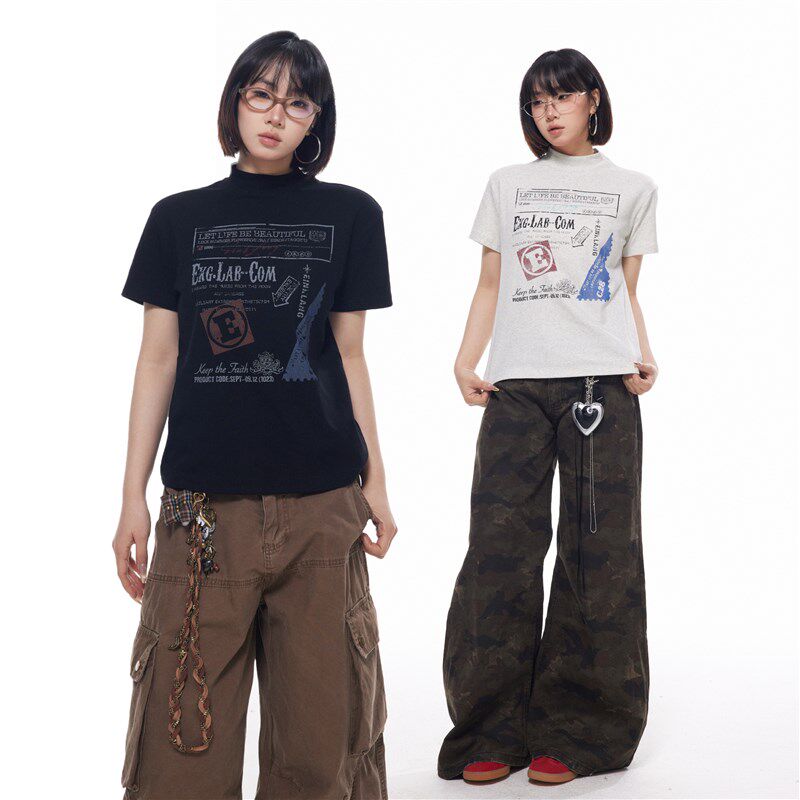 美式复古小高领做旧印花正肩短袖t恤女夏季设计感短款修身上衣潮