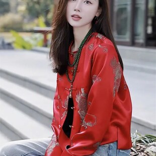 新中式绣花一字扣短外套女2024春秋款高级感红色国风拜年服上衣