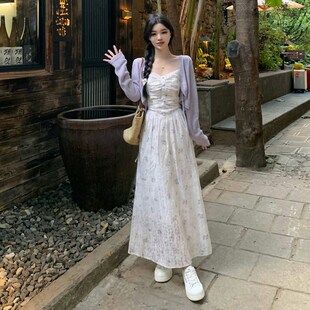 MM谢谢家度假绝美吊带紫色提花连衣裙大码夏温柔风显瘦气质长裙子