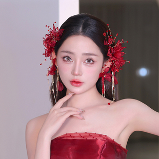 新娘头饰红色敬酒服头饰高级感长流苏侧边夹发饰结婚耳挂晚礼头饰