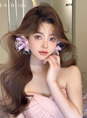 森系新娘手工紫色花朵羽毛耳夹耳环时尚百搭婚纱礼服减龄拍照头饰