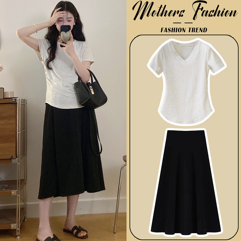 孕妇套装2025新款n夏白灰色V领短袖薄款上衣时尚宽松半身裙两件套