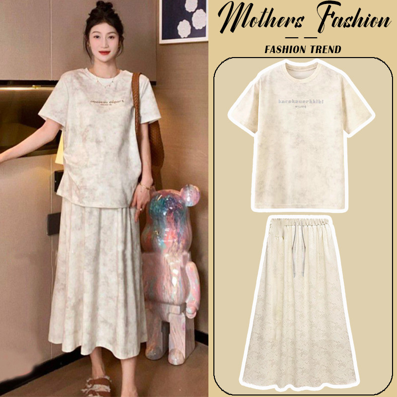 孕妇套装夏季20k25新款简约休闲扎染圆领短袖上衣半身裙薄款两件