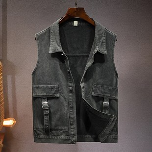 休闲百搭街头工装 外套时尚 口袋夹克外套潮流 宽松无袖 牛仔马甲男款