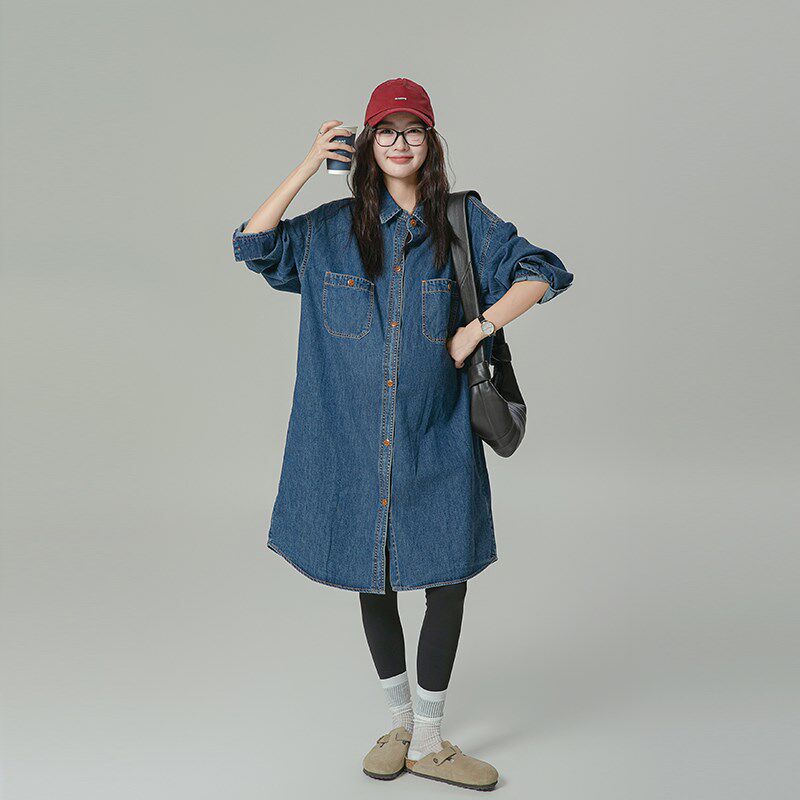 高端孕妇装连衣裙秋装2024新款牛仔开衫外套宽松U休闲长袖衬衫裙