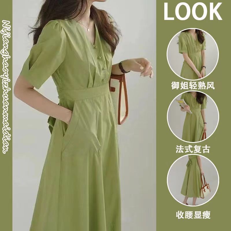 哺乳连衣裙夏季V领法式新款收腰显瘦气质复O古外出辣妈产后喂奶衣