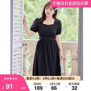 2023夏装新款法式短袖方领收腰长款赫本风气质连衣裙显瘦大码胖MM