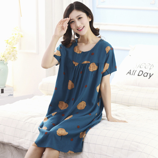 睡裙女夏季短袖中老年纯棉绵绸妈妈睡衣家居薄款可外穿大码连衣裙